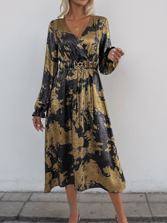 Perfee Printed Surplice Long Sleeve Midi Dress Trendsi