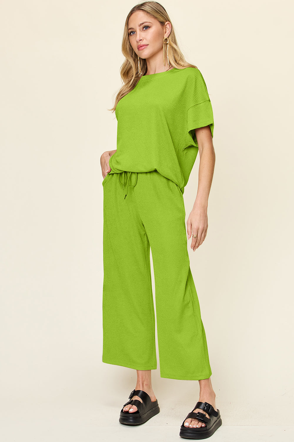 Double Take Full Size Texture Round Neck Short Sleeve T-Shirt and Wide Leg Pants Trendsi