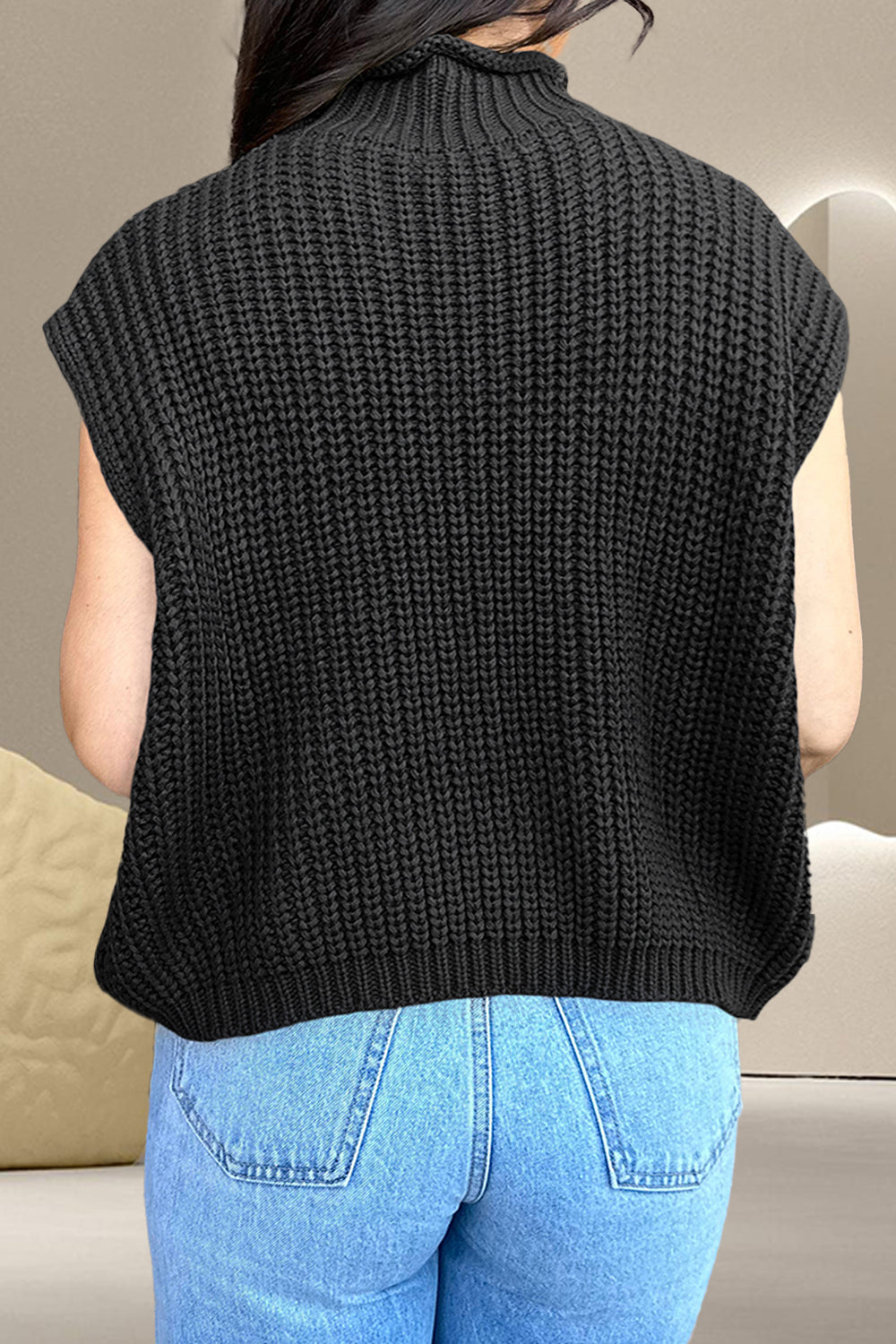 Cable-Knit Mock Neck Cap Sleeve Sweater Trendsi