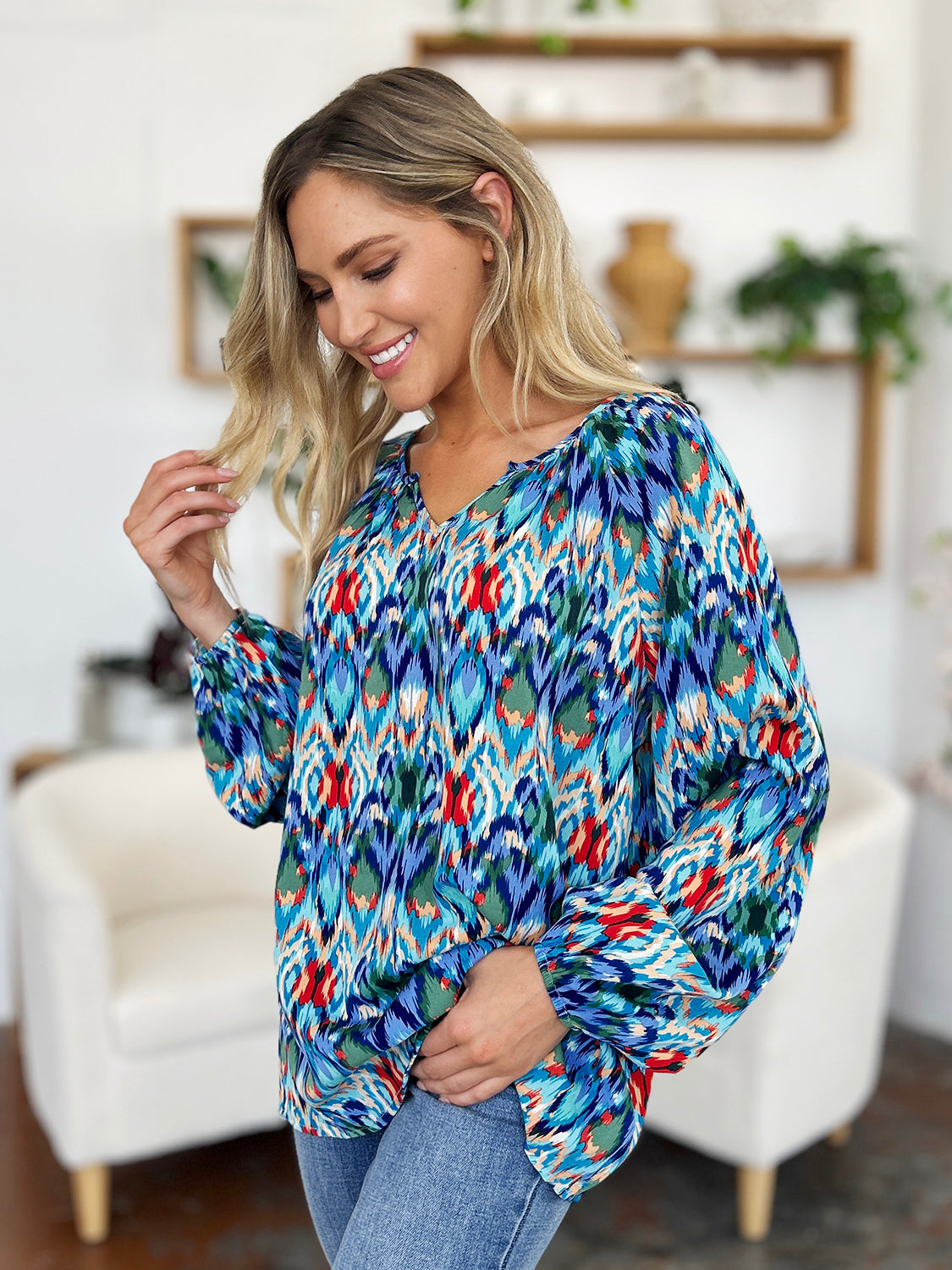 Double Take Full Size Printed Balloon Sleeve Blouse Trendsi