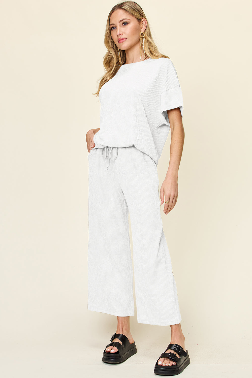 Double Take Full Size Texture Round Neck Short Sleeve T-Shirt and Wide Leg Pants Trendsi