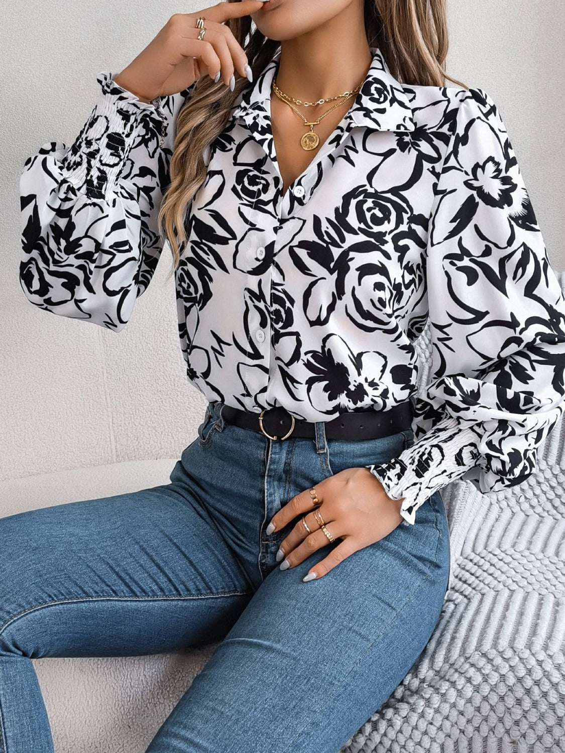 Printed Collared Neck Lantern Sleeve Shirt Trendsi