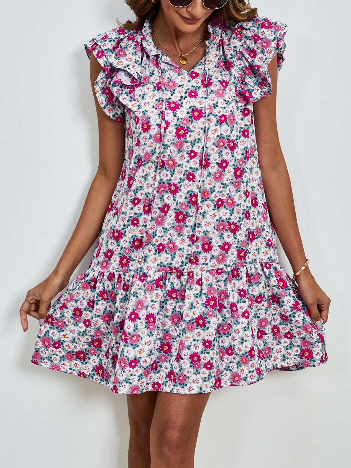 Tied Floral Cap Sleeve Mini Dress Trendsi