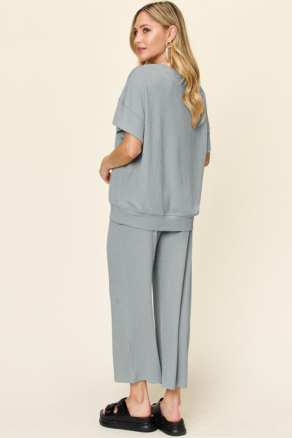 Double Take Full Size Texture Round Neck Short Sleeve T-Shirt and Wide Leg Pants Trendsi