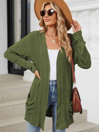 Pocketed Open Front Long Sleeve Cardigan Trendsi