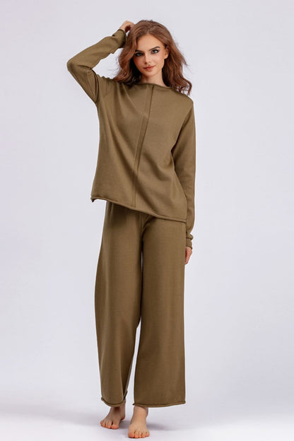 Basic Bae Rolled Round Neck Top and Pants Sweater Set Trendsi