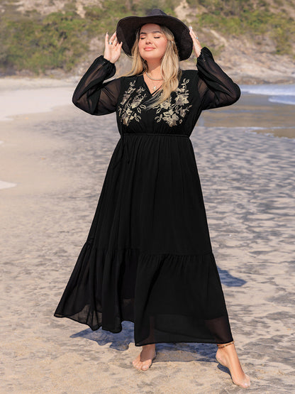 Plus Size Embroidered Tie Neck Long Sleeve Dress Trendsi