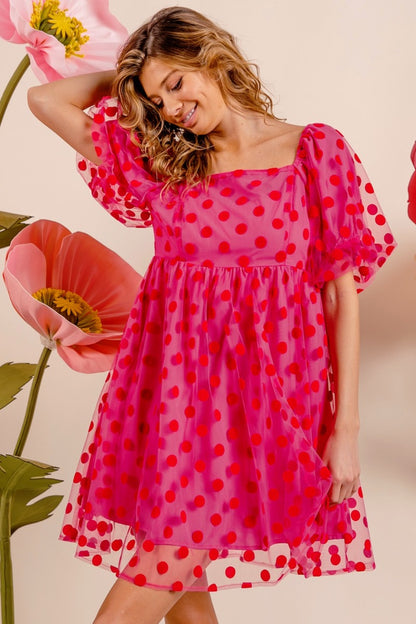 BiBi Polka Dot Mesh Puff Sleeve Dress Trendsi