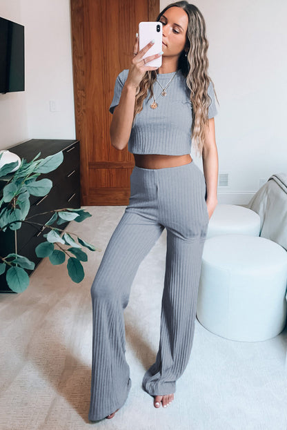 Cropped Tee and Wide Legs Pants Ribbed Knit Lounge Set Lavender Pallas