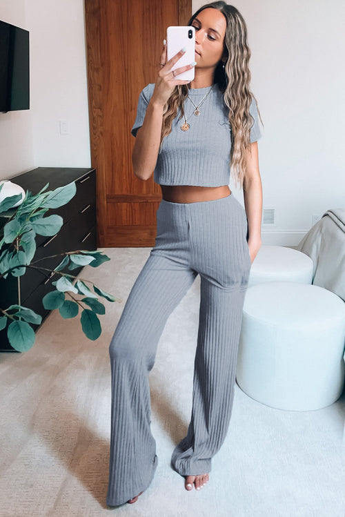 Cropped Tee and Wide Legs Pants Ribbed Knit Lounge Set Lavender Pallas