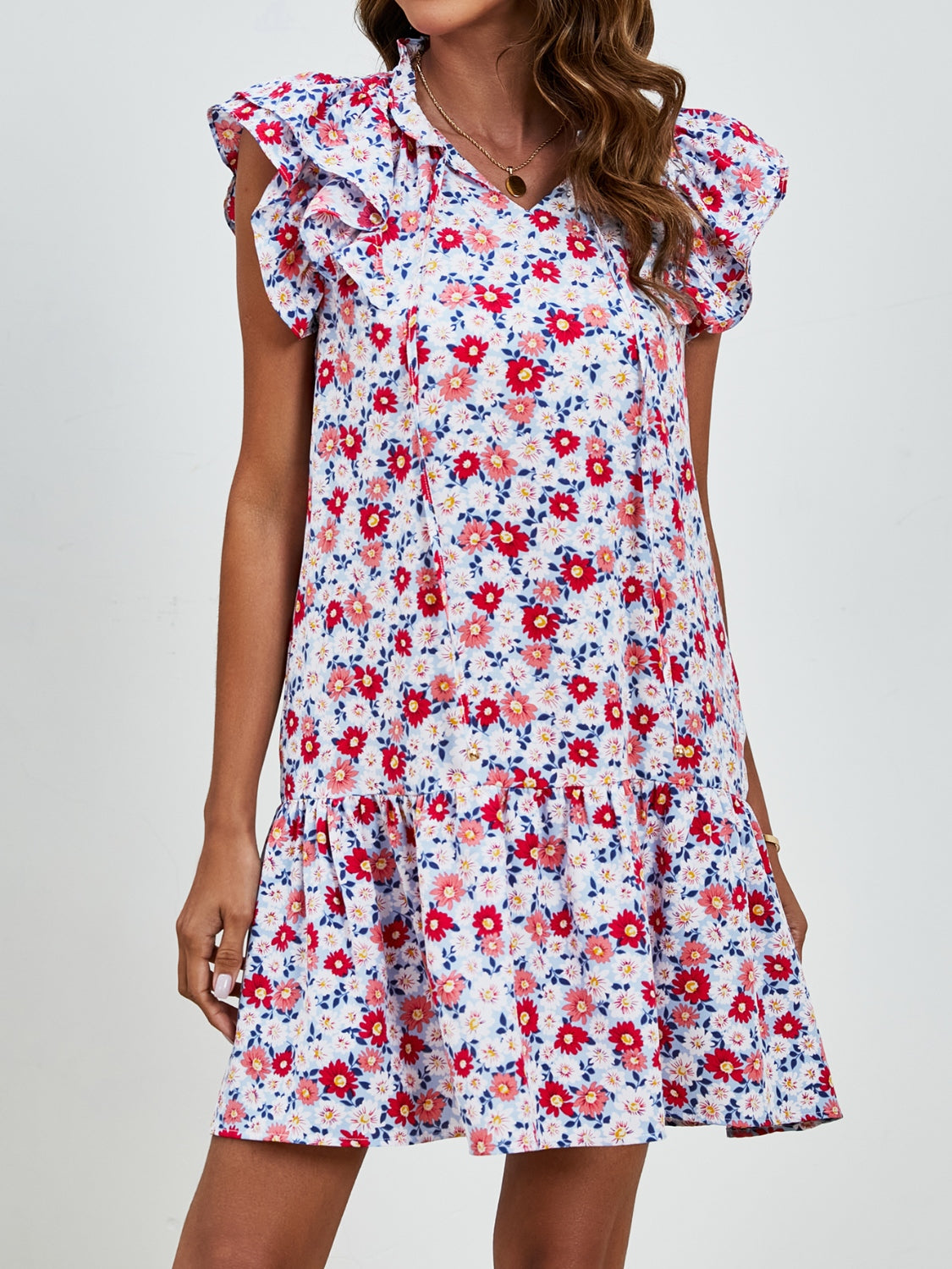 Tied Floral Cap Sleeve Mini Dress Trendsi