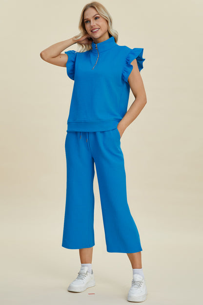 Double Take Full Size Texture Ruffle Short Sleeve Top and Wide Leg Pants Set Trendsi