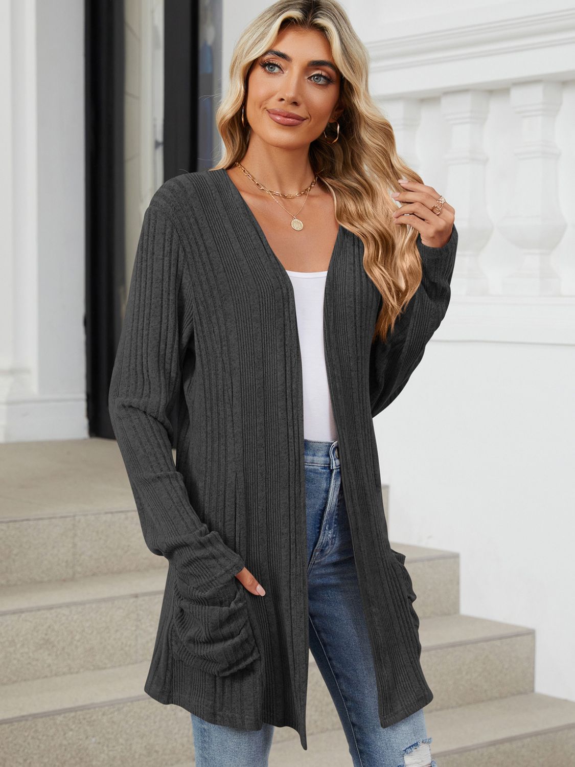 Pocketed Open Front Long Sleeve Cardigan Trendsi