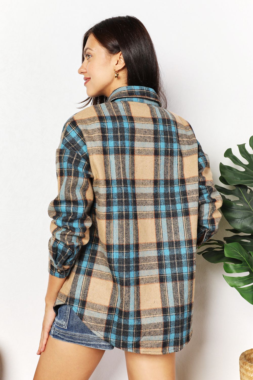 Double Take Plaid Curved Hem Shirt Jacket with Breast Pockets Trendsi