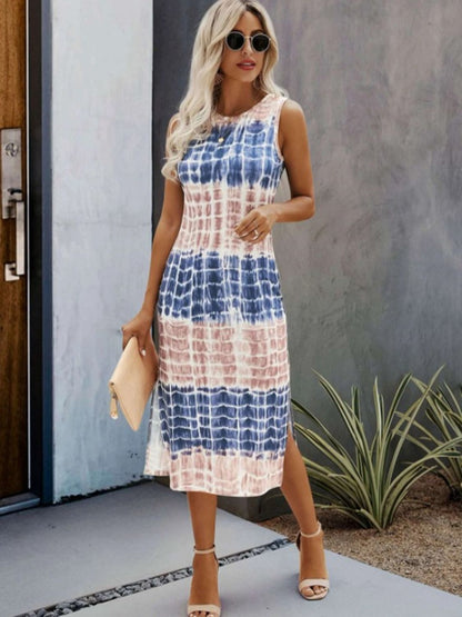 Slit Printed Round Neck Sleeveless Dress Trendsi