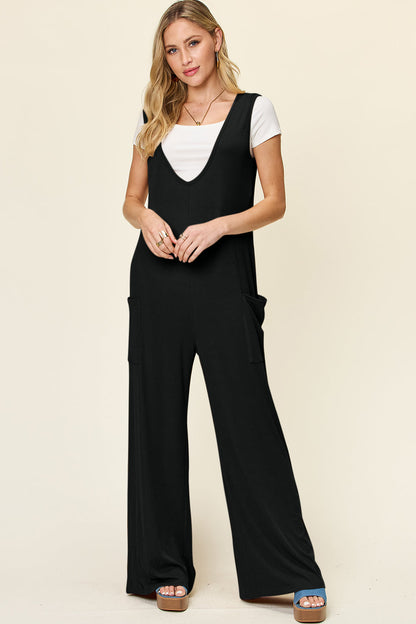 Double Take Full Size Sleeveless Wide Leg Jumpsuit with Pockets Trendsi