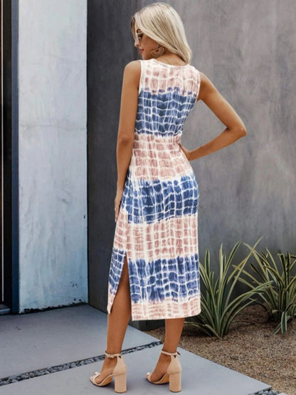 Slit Printed Round Neck Sleeveless Dress Trendsi