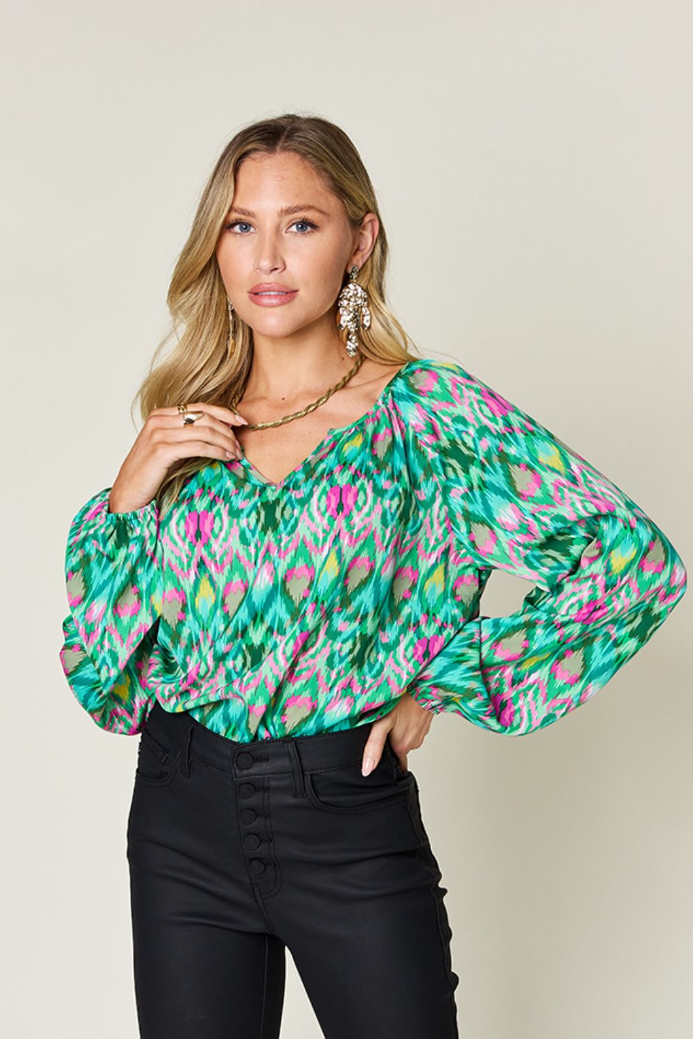 Double Take Full Size Printed Balloon Sleeve Blouse Trendsi