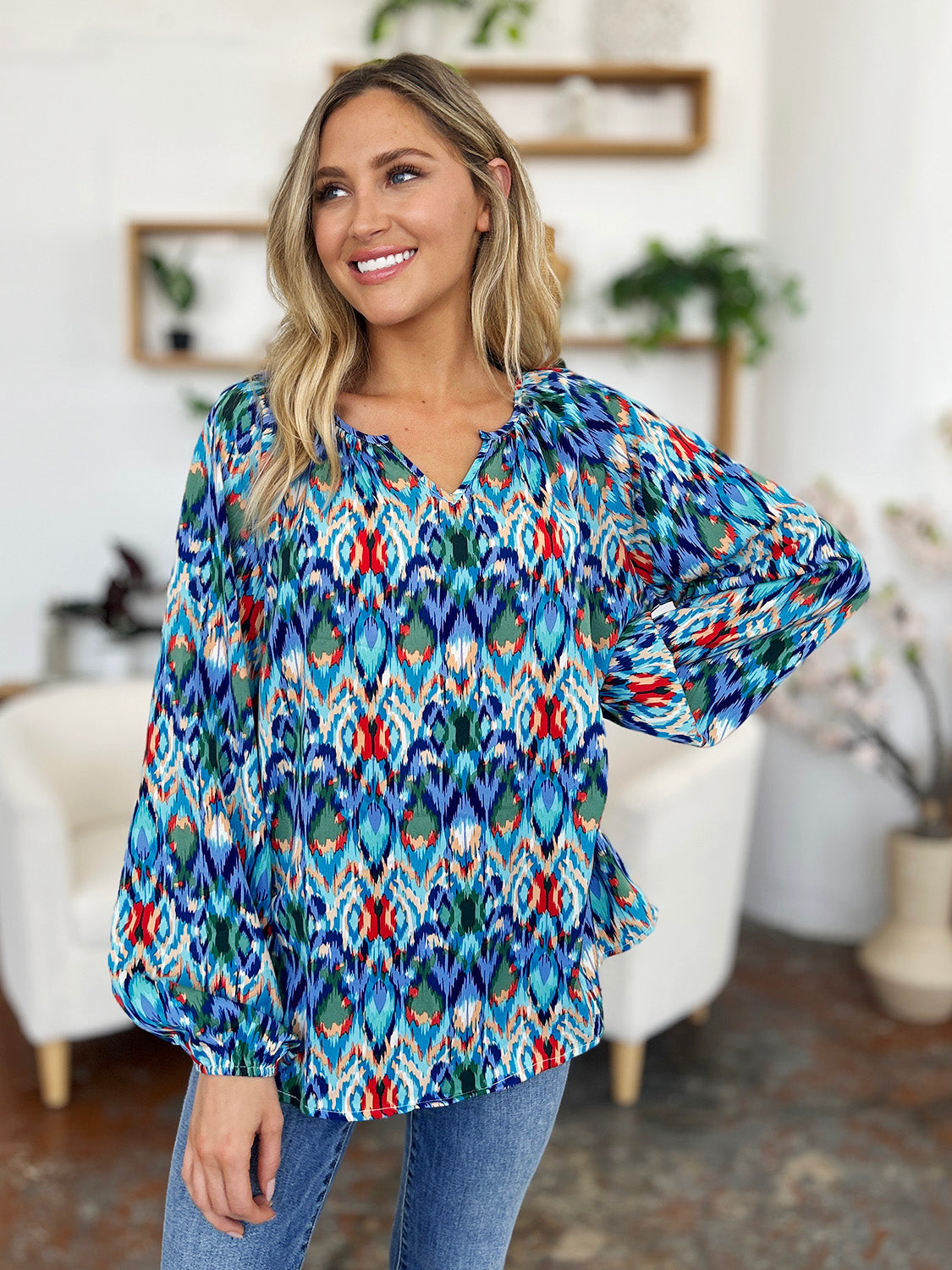 Double Take Full Size Printed Balloon Sleeve Blouse Trendsi