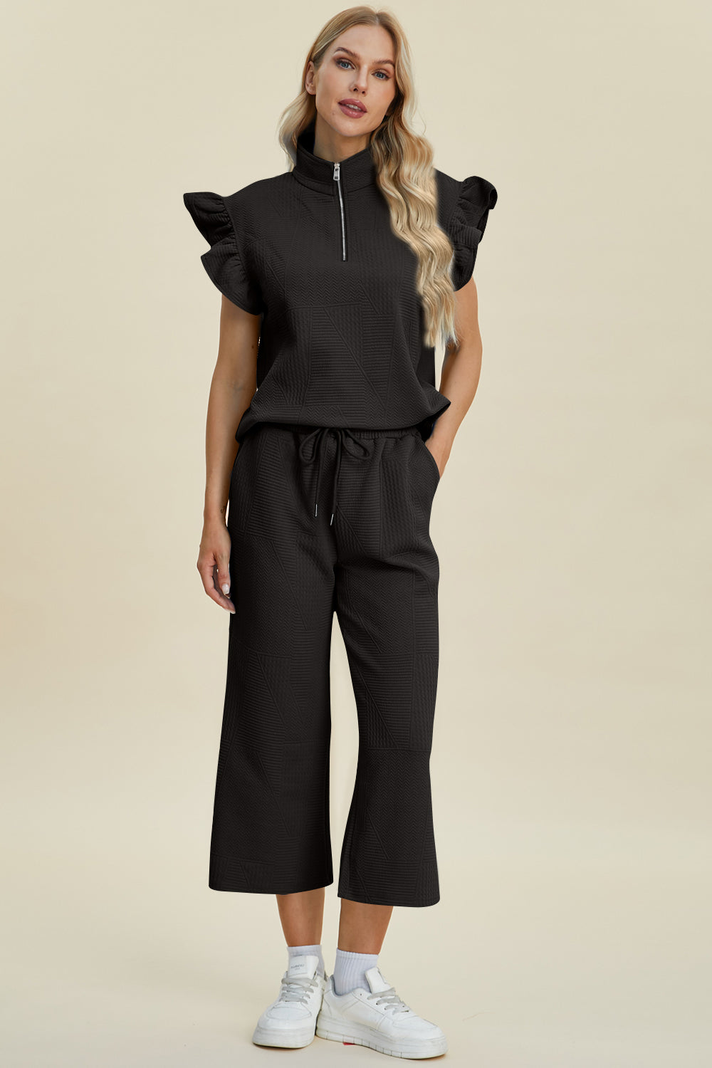 Double Take Full Size Texture Ruffle Short Sleeve Top and Wide Leg Pants Set Trendsi