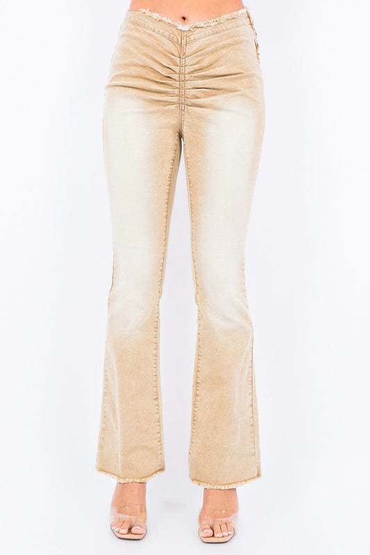 American Bazi V-Cut Ruched Flare Pants Trendsi