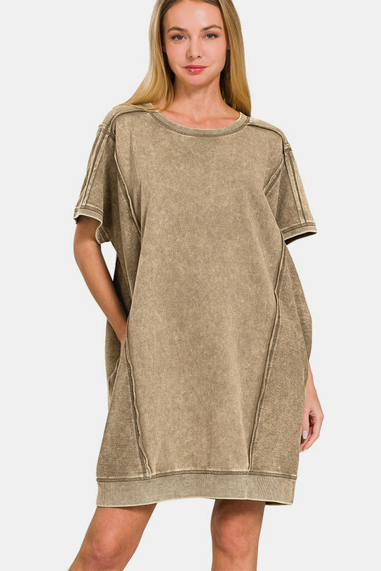 Zenana Washed Exposed Seam Mini Tee Dress Trendsi