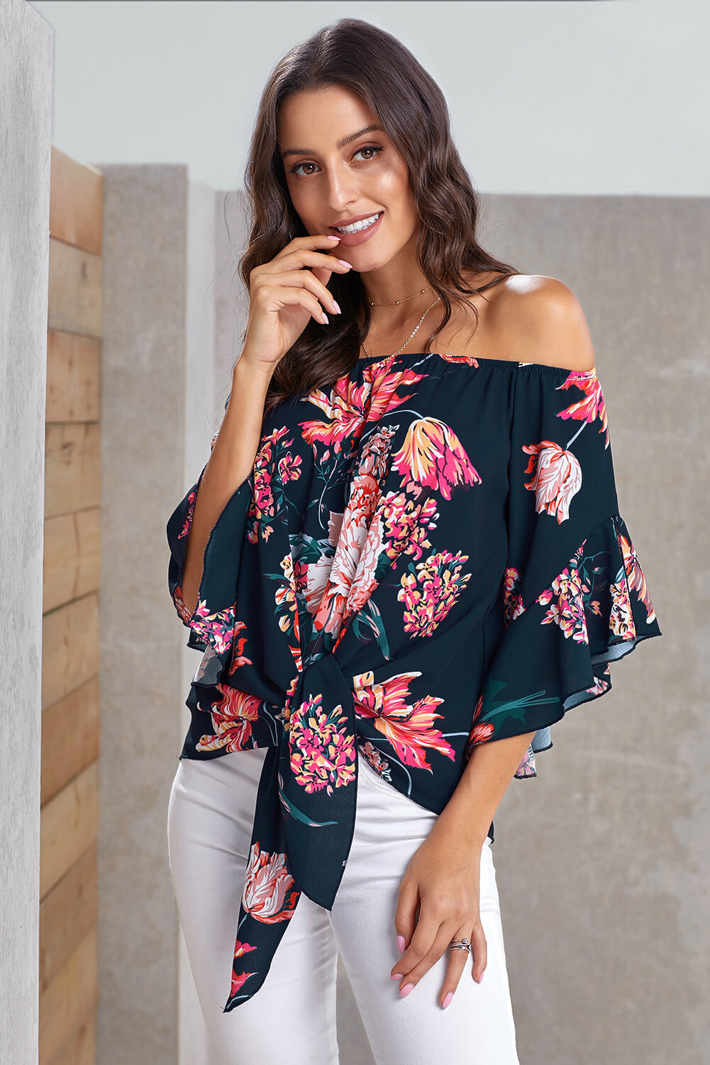 Navy Off Shoulder Floral Tie Front High Low Chiffon Blouse Teal Demeter