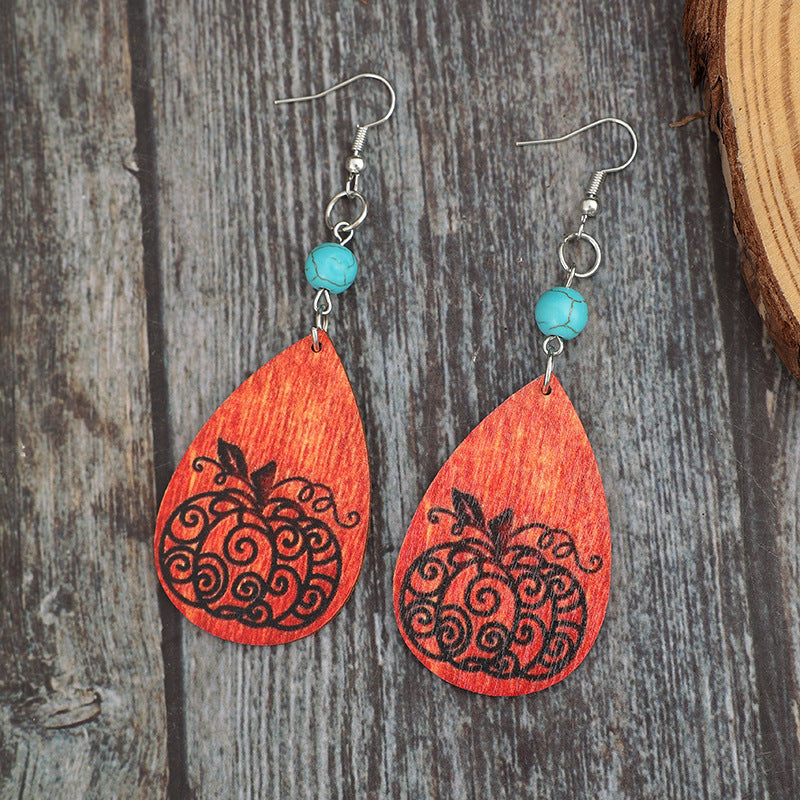 Handmade Turquoise Wooden Pumpkin Earrings - Alloy Wood Jewelry