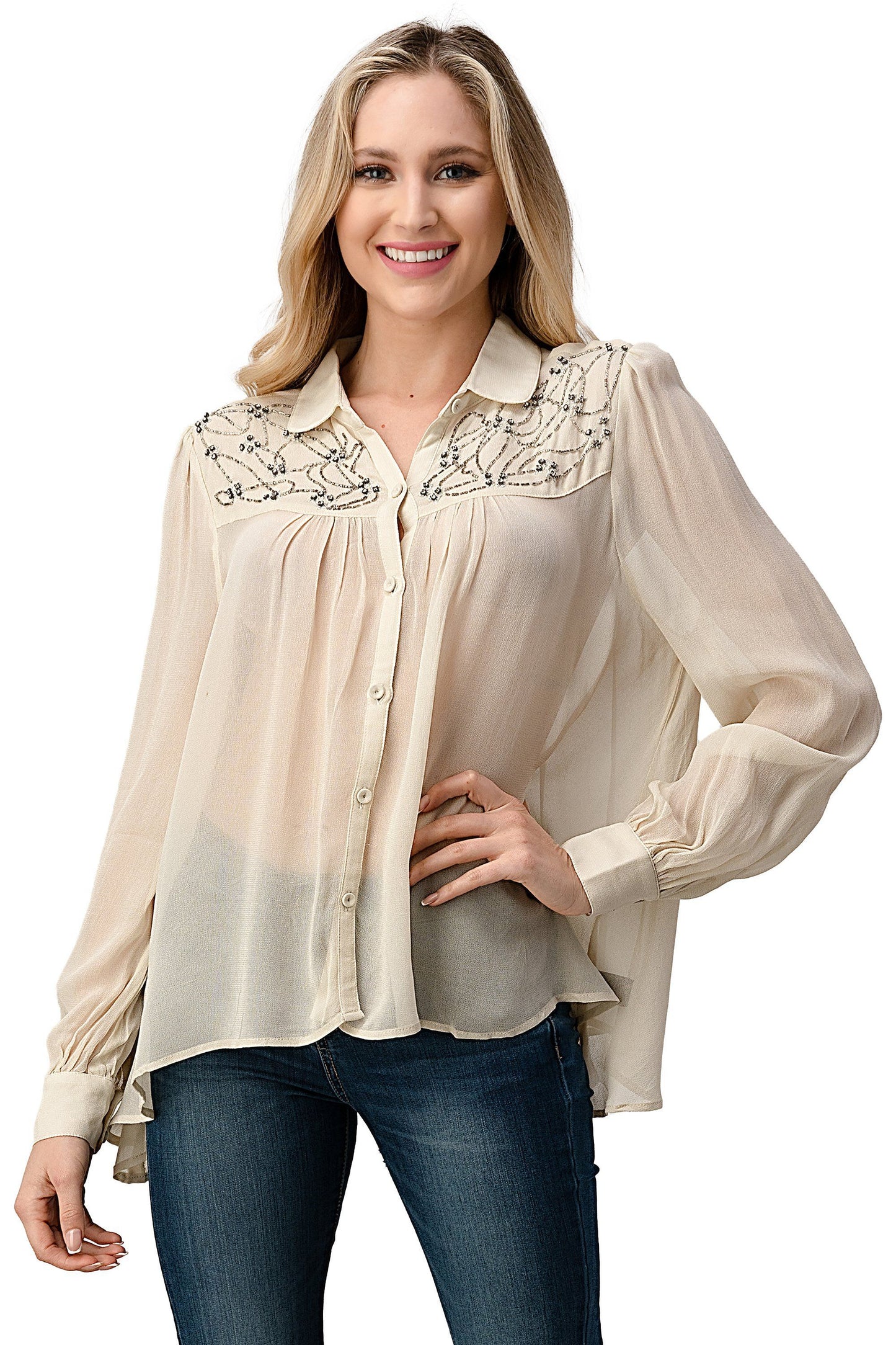 Embroidered Sheer Button-Up Blouse – Casual Elegance Indigo Arrowwood