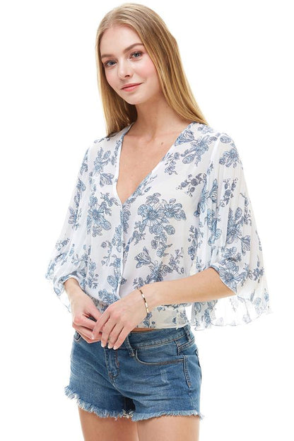 LONG SLEEVE SURPLICE FLORAL TOP Indigo Arrowwood