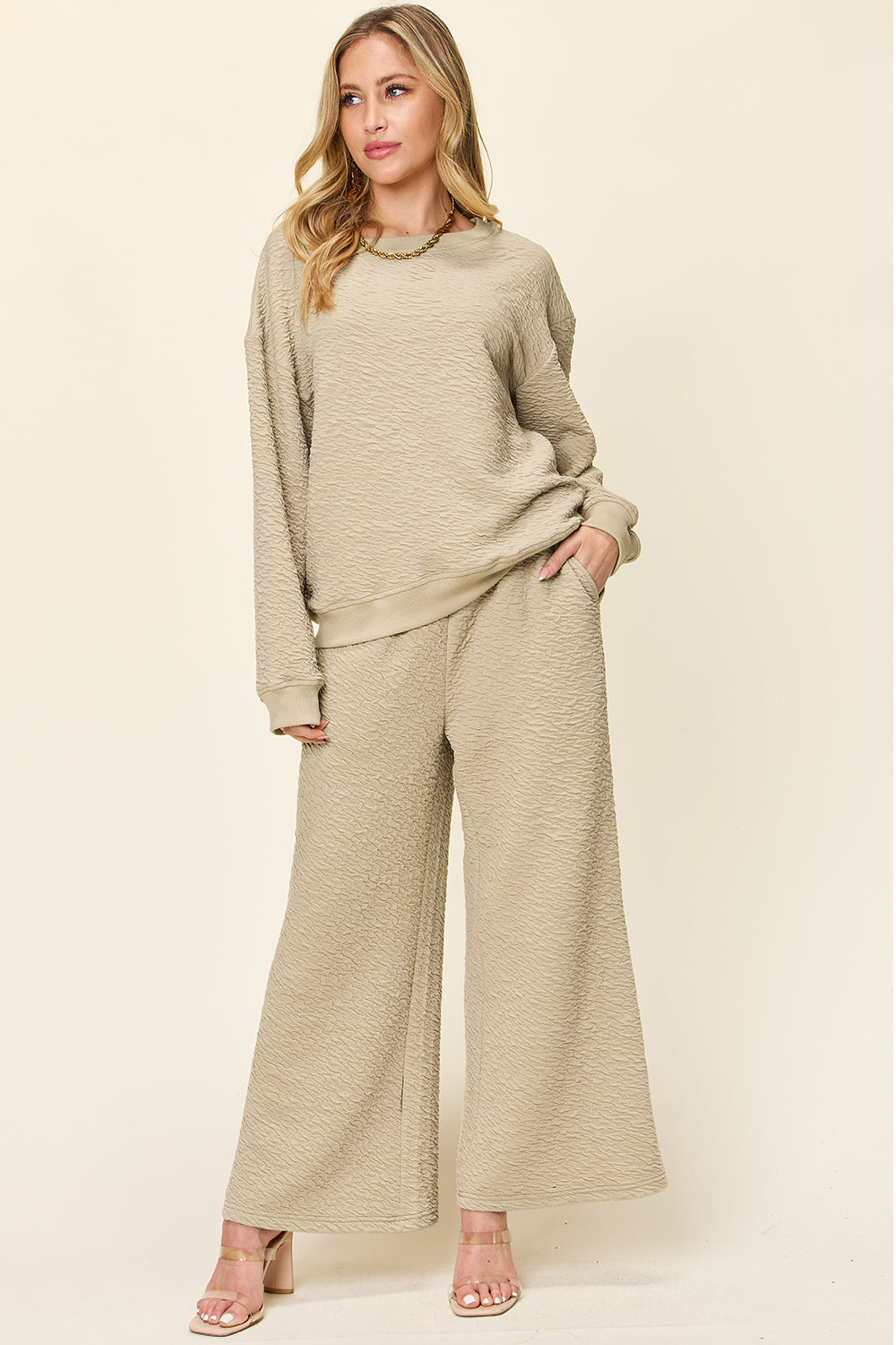 Double Take Full Size Texture Long Sleeve Top and Pants Set Trendsi