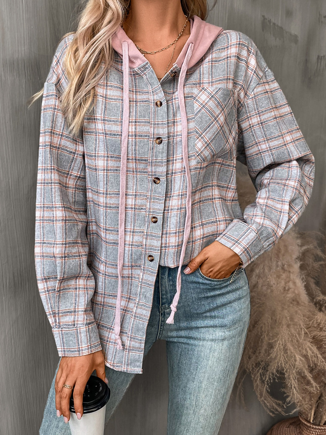 Plaid Long Sleeve Hooded Jacket Trendsi