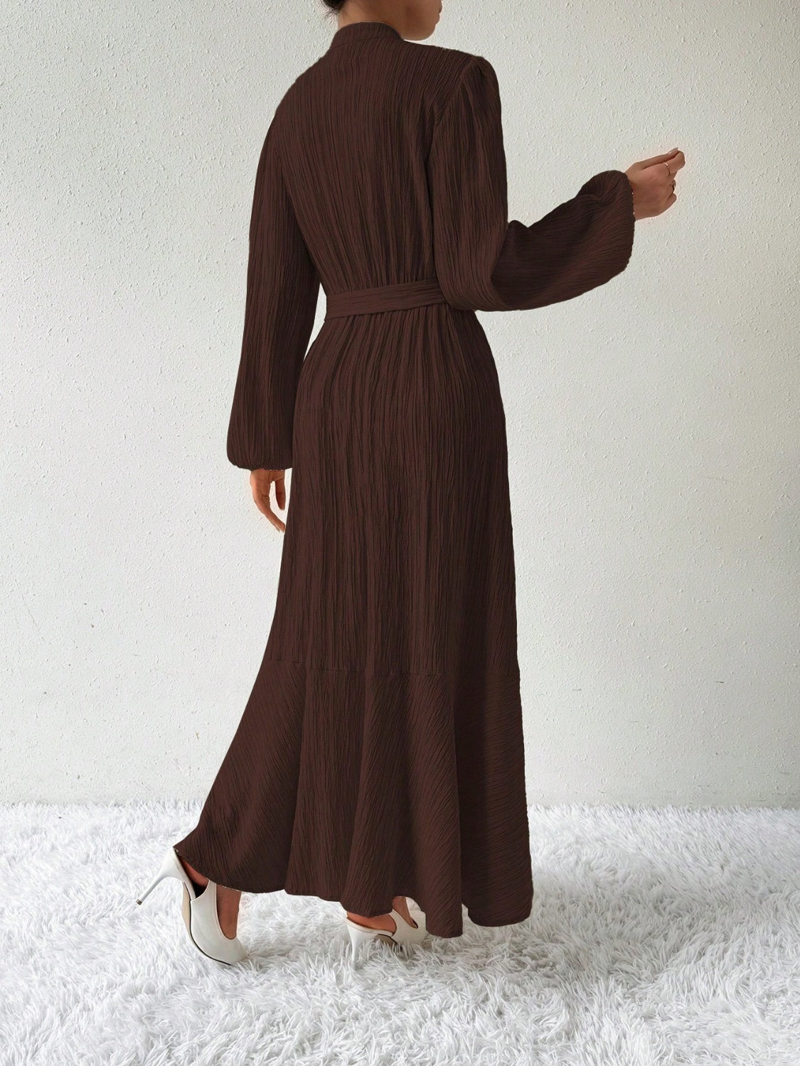 Half Button Tie Waist Long Sleeve Maxi Dress Trendsi