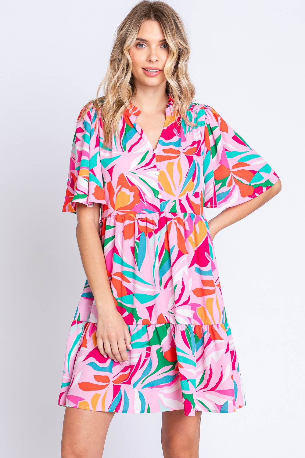 GeeGee Printed Short Sleeve Ruffle Hem Dress Trendsi