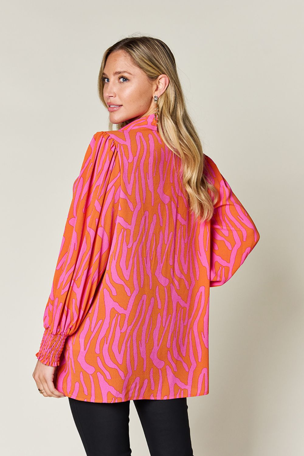 Double Take Full Size Printed Smocked Long Sleeve Blouse Trendsi