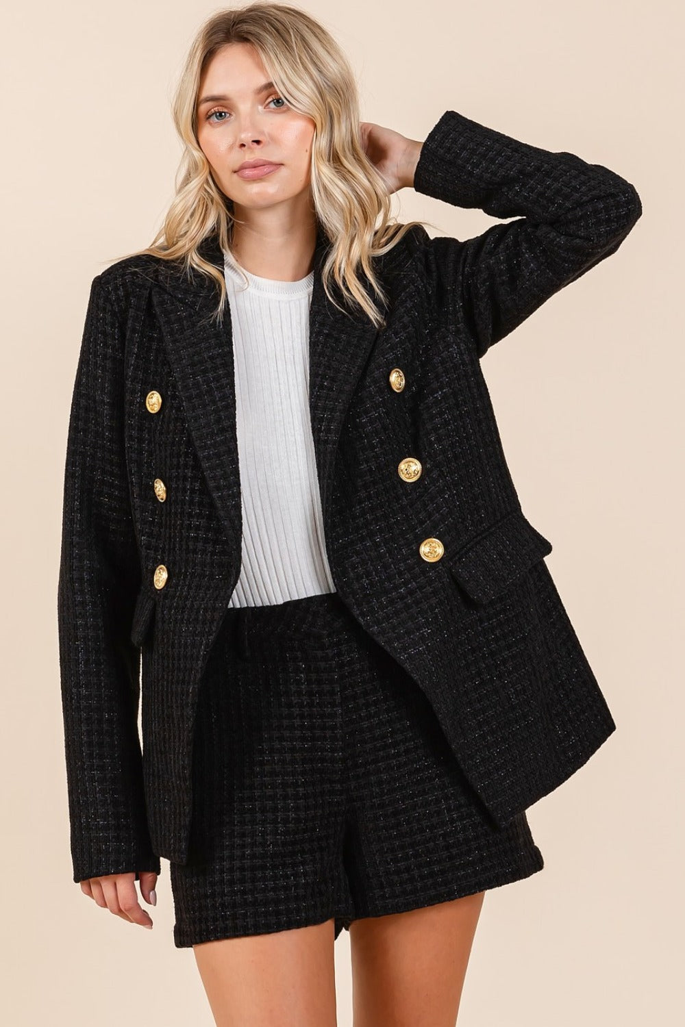 Mittoshop Plaid Texture Double-Breasted Long Sleeve Blazer Trendsi