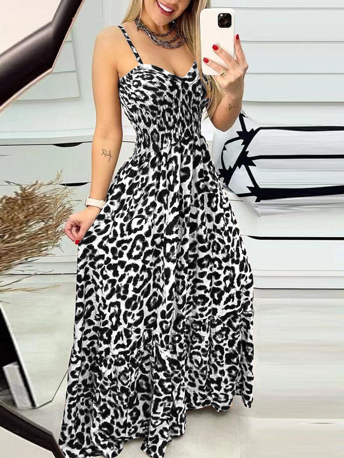 Leopard Sweetheart Neck Cami Dress Trendsi