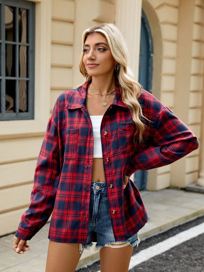 Plaid Collared Neck Long Sleeve Shirt Trendsi