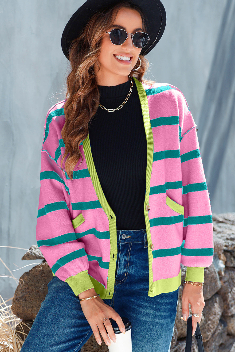 Striped Button Up Long Sleeve Cardigan Trendsi