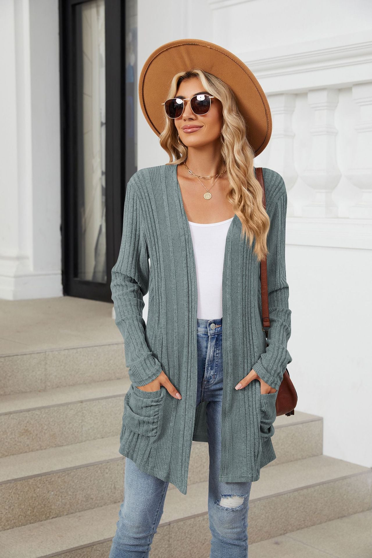 Pocketed Open Front Long Sleeve Cardigan Trendsi