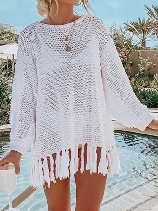 Angel Wings Openwork Tassel Hem Long Sleeve Knit Cover Up Trendsi