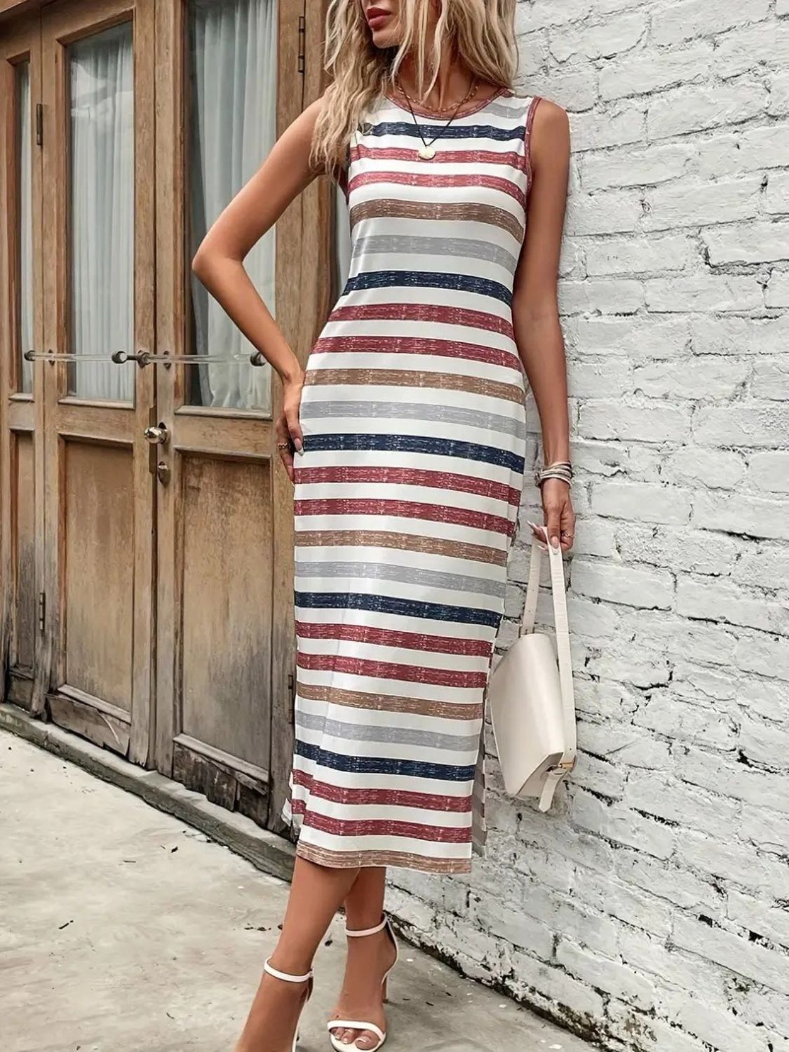 Slit Printed Round Neck Sleeveless Dress Trendsi