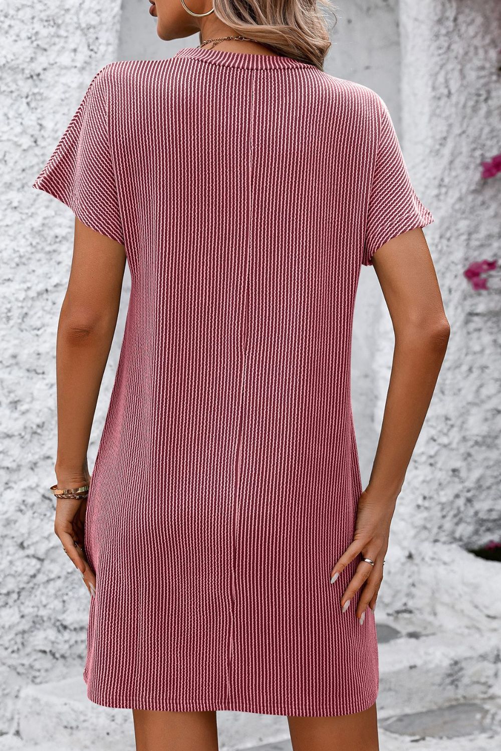 Mandy Ribbed Striped Short Sleeve Mini Tee Dress Trendsi