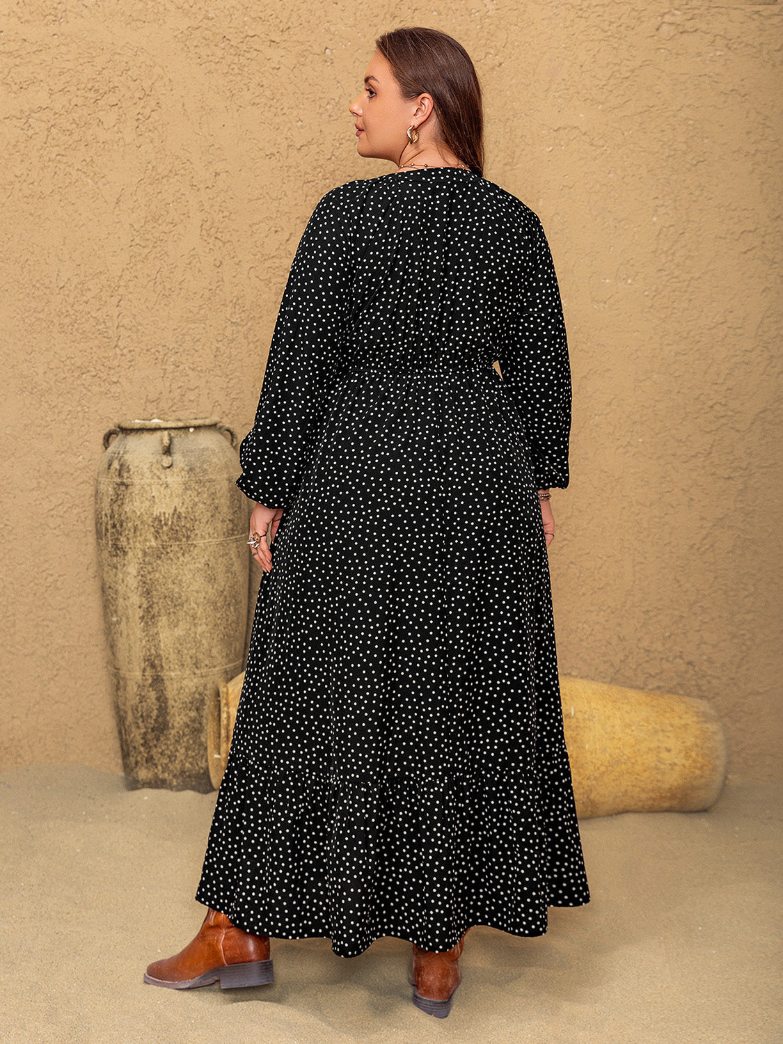 Plus Size Embroidered Polka Dot Notched Long Sleeve Dress Trendsi