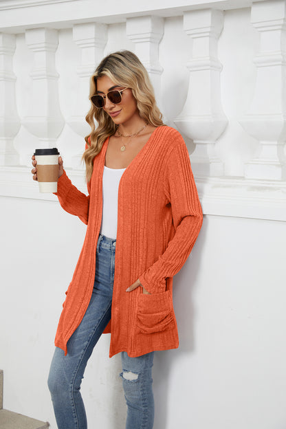 Pocketed Open Front Long Sleeve Cardigan Trendsi