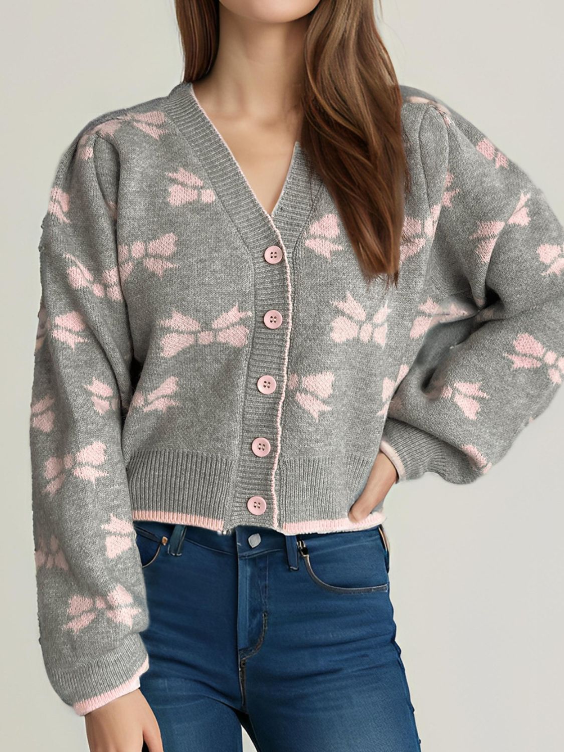 Bow V-Neck Button Down Long Sleeve Cardigan Trendsi