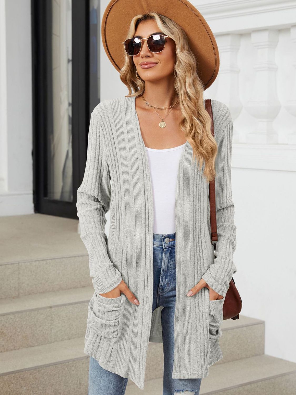 Pocketed Open Front Long Sleeve Cardigan Trendsi