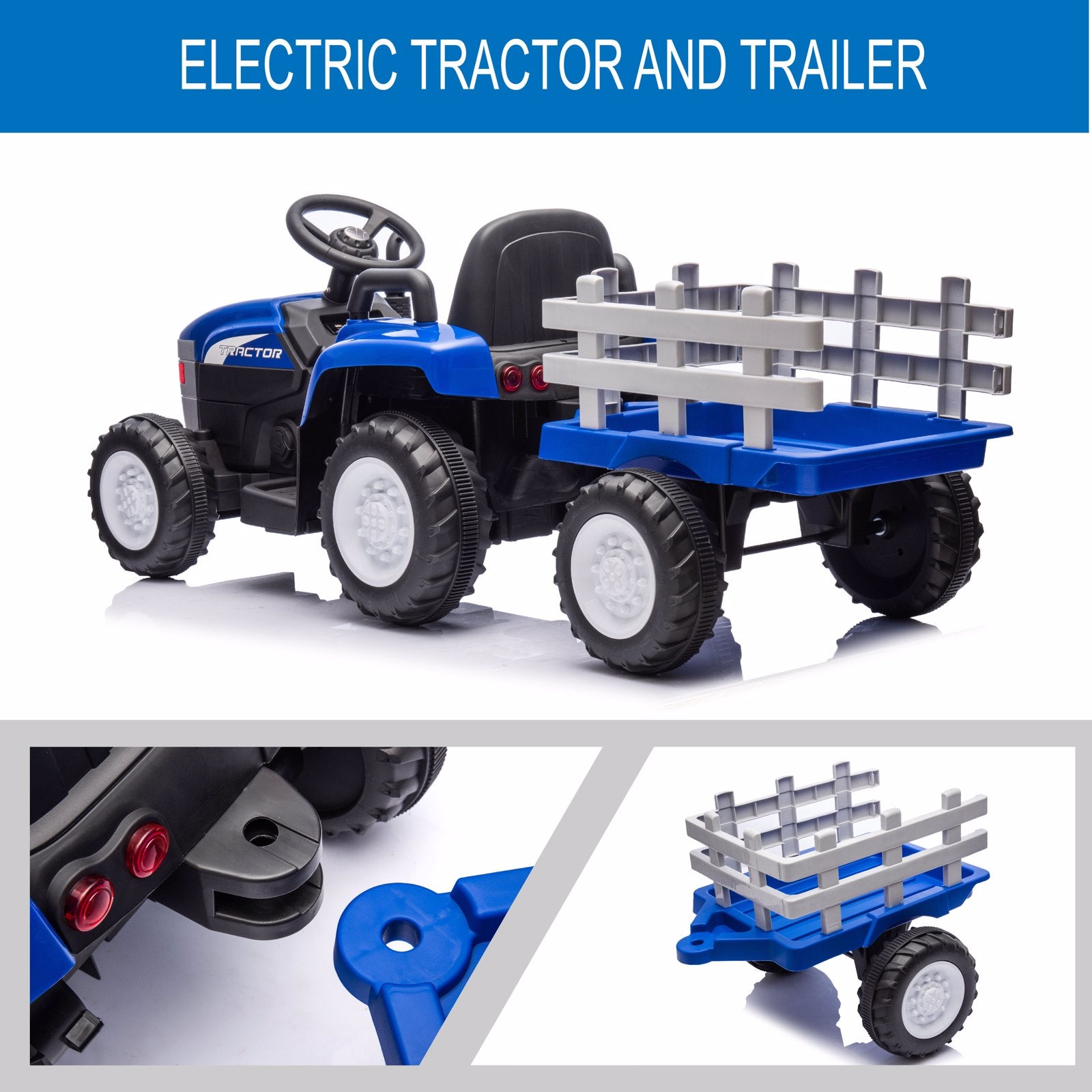 Blue, 12V7AH Battery-Powered Toy Tractor with Trailer, Remote Control, Kids' Electric Excavator Vehicles with 2x35W Dual Motor, Treaded Tires, LED Lights, USB, Music,   - Gifts for Boy, Girl 6cc08b-1a