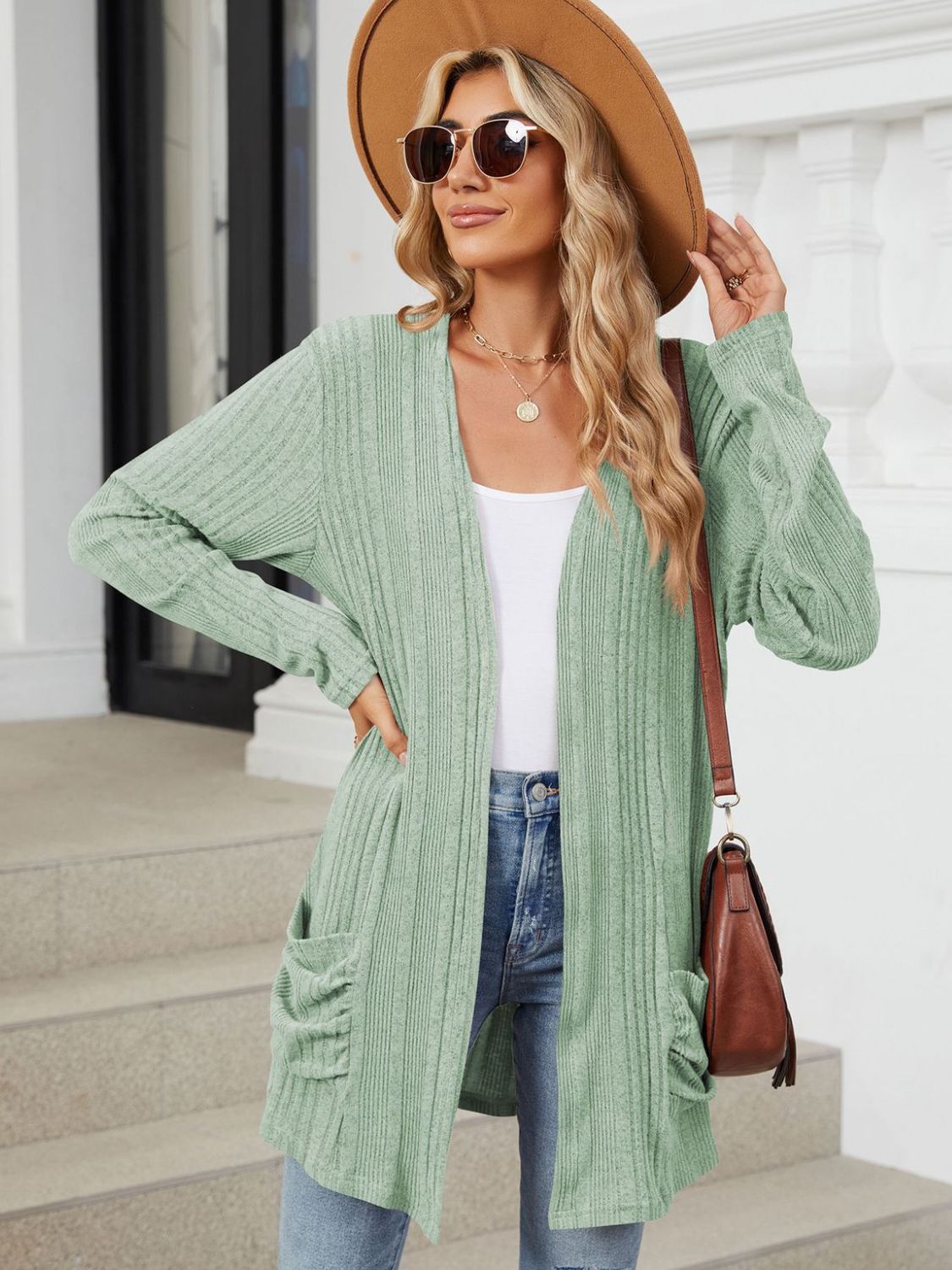 Pocketed Open Front Long Sleeve Cardigan Trendsi