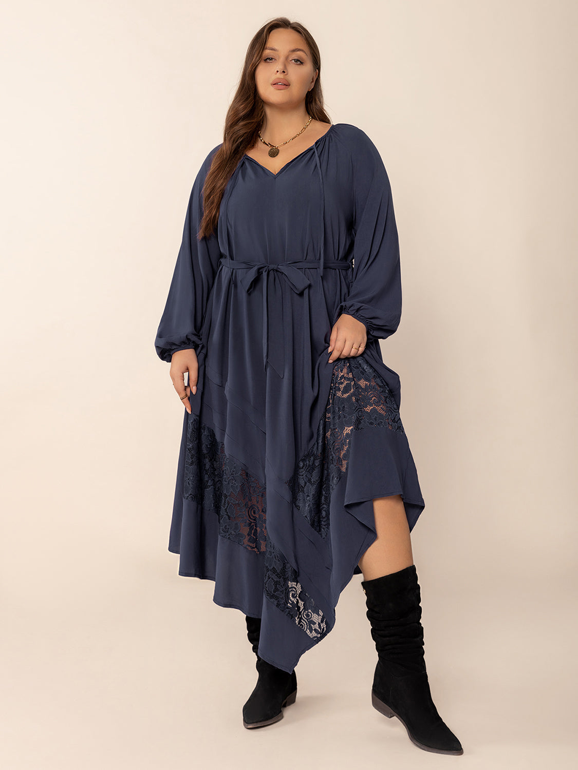 Plus Size Lace Detail Tie Neck Long Sleeve Midi Dress Trendsi